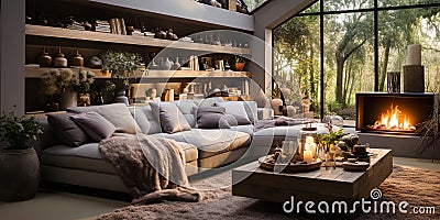 A living room with an artificial fireplace and soft carpets to create comfor Stock Photo