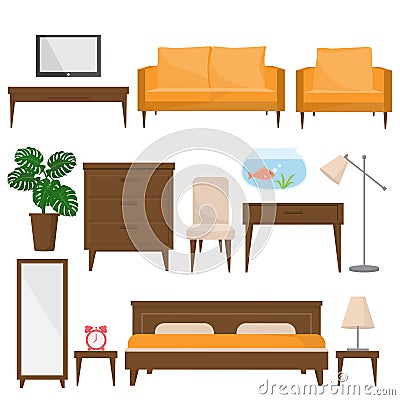 Living room, bed room and office furniture in modern style Vector Illustration