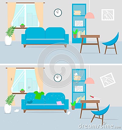 Living room befor and after cleaning. Tiding service. Flat style. Vector stock illustration for card Vector Illustration
