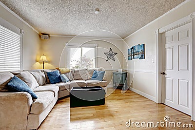 Living room with beige sofa and blue pillows Stock Photo