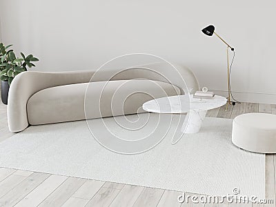 Living room in beige tones with bionic sofa, marble table, po Cartoon Illustration