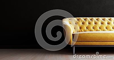 Living room black interior wall mock up with gold colored sofa, empty white wall with free space on the left Cartoon Illustration