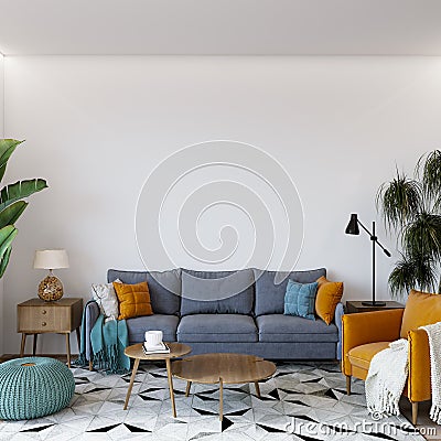 Living room with blue sofa orange armchair and wooden coffee table empty wall mockup Stock Photo