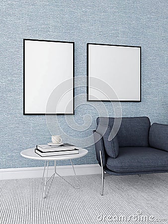 Living room with a blue wall, mockup of a vertical and a square frame, an armchair and a decorated table Cartoon Illustration