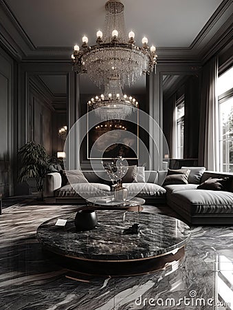 Living room in brown light colors filled with furniture with a corner sofa and a chandelier. AI generated Stock Photo