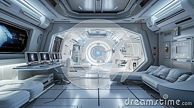 Living room or cabin interior in spaceship, modern white hall with computers and control panels in starship. Inside futuristic Stock Photo