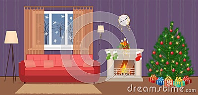 Living room christmas decorated interior with woman working on a laptop. People at home in xmas eve. Vector Illustration