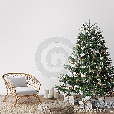 Living Room Christmas interior in Scandinavian style. Christmas tree with gift boxes Stock Photo