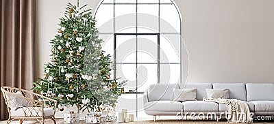 Living Room Christmas interior in Scandinavian style. Christmas tree with gift boxes. white sofa on wall Mockup. Stock Photo