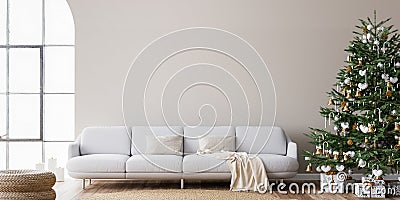 Living Room Christmas interior in Scandinavian style. Christmas tree with gift boxes. white sofa on wall Mockup. Stock Photo