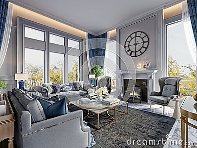 Living room in a classic style with classic upholstered furniture in the interior in white and blue Stock Photo