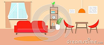 Living room with coach, table and chairs. Flat style. Vector stock illustration for card Vector Illustration