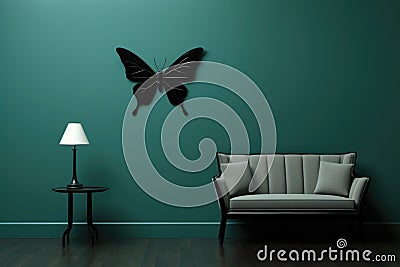 A living room with a couch and a butterfly clock on the wall. AI. Stock Photo