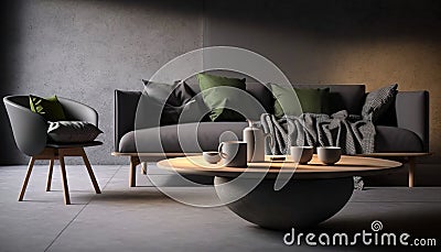 a living room with a couch, chair and coffee tabl Stock Photo