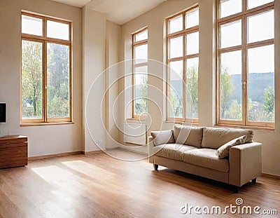 Living room with cozy grey sofa in a loft style interior with potted Cozy bright Stock Photo