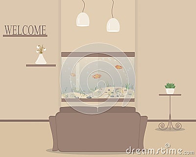 Living room with cute fish tank.Aquarium with fish as design element for interior of sitting room,office,waiting area for visitors Vector Illustration