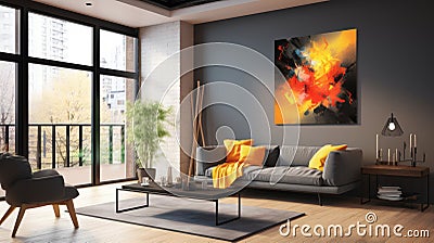 Living room with dark wall, sofa, striking yellow pillows, 3d abstract painting in red and gold Stock Photo