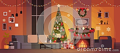 Living Room Decorated For Christmas And New Year With Fir Tree , Fireplace And Garlands Holidays Home Interior Vector Illustration