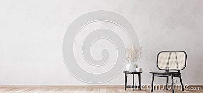 Living room design, bright wall mockup, wooden black chair, panorama Stock Photo