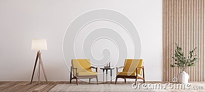 Living room design with empty wall mockup, two wooden chairs on white wall Stock Photo