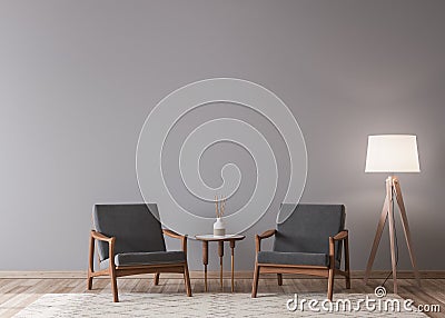 Living room design with empty wall mockup, two wooden chairs on white wall Stock Photo