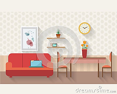 Living room and dining room with furniture Vector Illustration