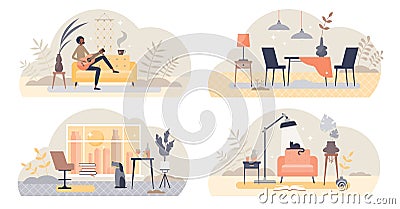 Living room elements and objects with interior view tiny persons concept Vector Illustration