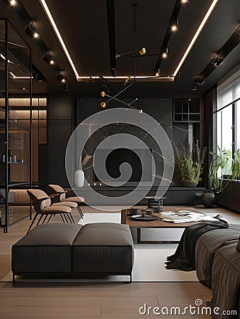 Living room interior filled with contemporary style furniture and bar in burgundy dark colors and tones Generative AI Stock Photo