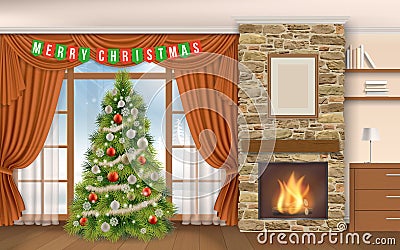 Living room with fireplace cristmas tree Vector Illustration