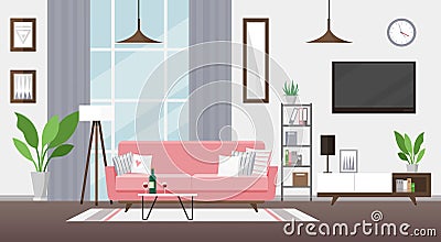 Living room flat vector illustration. Modern detailed interior design. Room with pink couch, TV, bookshelf. Cozy Vector Illustration