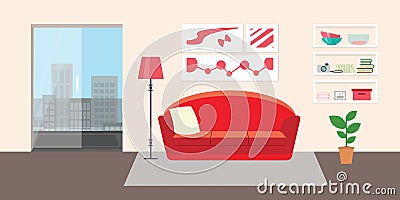 Living room with furniture. Flat style vector interior illustration . Sofa, pillow, lamp, pictures, balcony, flower, shelf. Dayli Vector Illustration