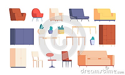 Living room furniture. Home interior creation constructor. Decor elements, couch, desk and armchairs. Isolated apartment Vector Illustration