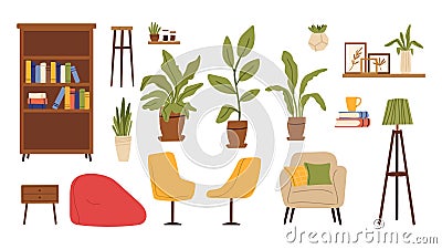 Living room furniture. Scandinavian furnitures, plants in pot, chairs and shelves with book. Isolated flat bookcase Vector Illustration