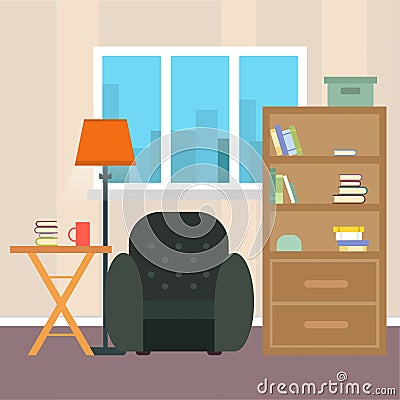 Living room with furniture and window. Reading room. Flat style illustration. Cartoon Illustration