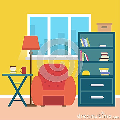 Living room with furniture and window. Reading room. Flat style illustration. Cartoon Illustration