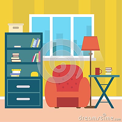 Living room with furniture and window. Reading room. Flat style illustration. Cartoon Illustration