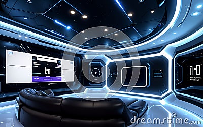 The living room of the future world is modern and has a digital operating system, AI technology system Stock Photo