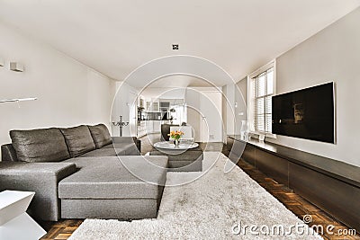 a living room with a gray couch and a tv Stock Photo