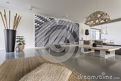 Living room with grey mural Stock Photo