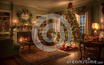 Living room, home interior with Christmas chains, wreath and Christmas tree and gifts. Xmas tree as a symbol of Christmas of the Vector Illustration