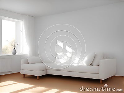 living room house interior minimal style white wall and couch by sunlit window generative AI illustration Cartoon Illustration