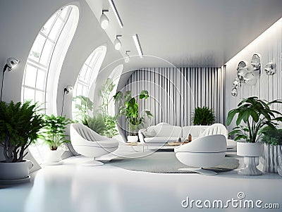 Living room with indoor pot plants and windows Stock Photo