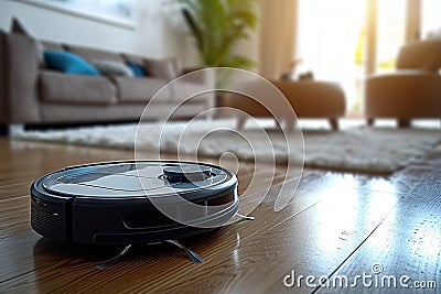 Living room innovation Self propelled robot vacuum cleaner smartly cleans independently Stock Photo