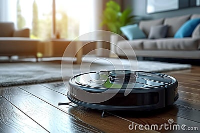 Living room innovation Self propelled robot vacuum cleaner smartly cleans independently Stock Photo