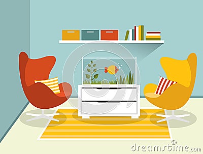 Living room interior with armchairs and aquarium. Vector Illustration