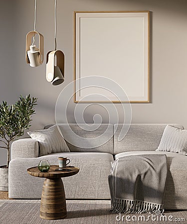 Living room interior with big mock up picture on the wall. Sofa, round coffee table and olive tree. 3D render. Stock Photo