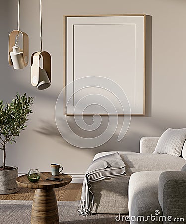 Living room interior with big mock up picture on the wall. Sofa, round coffee table and olive tree, warm, beige colors. 3D render. Stock Photo