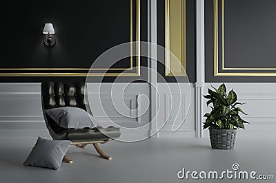 Living Room Interior with black sofa and double pillow, plants on empty black gold wall background. 3D rendering Stock Photo