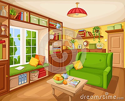 Living room interior with bookcase, sofa and table. Vector illustration. Vector Illustration