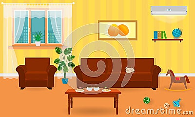 Living room interior in bright colors including a sofa, armchair, coffee table Vector Illustration